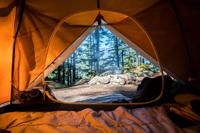 A sleeping tent set up along the hiking trail in Squamish Valley, British Columbia