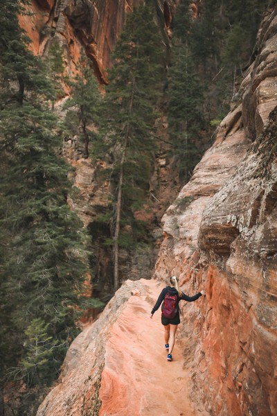 A hiker is going up the rocky mountains in Zion National Park.