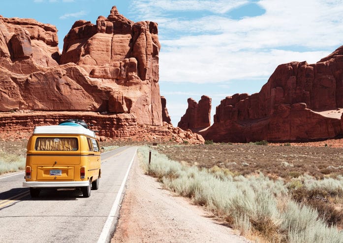 A van at the Arches National Park entrance